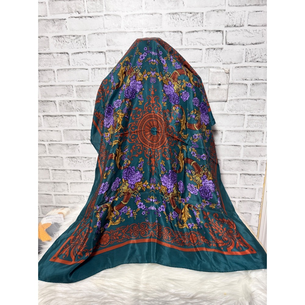 Specialty House Inc‎ Vintage 100% Silk Scarf Teal Purple Floral Baroque Square